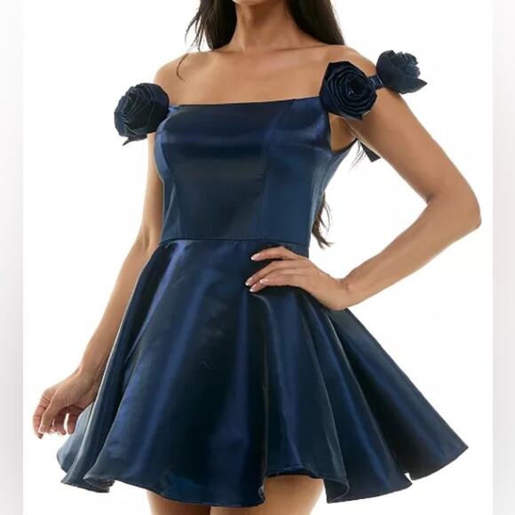 B Darlin Juniors' Rosette Off-The-Shoulder Fit & Flare Dress Navy Sz 13/14 - Picture 4 of 9
